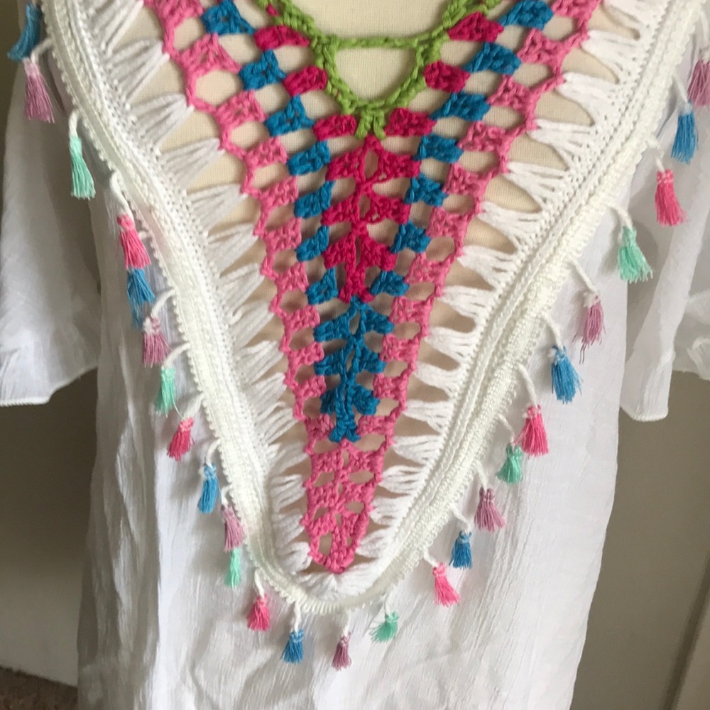 Beach By Exist White Midi Dress with Pink, Blue & Green Crochet Trim - Picture 3 of 8